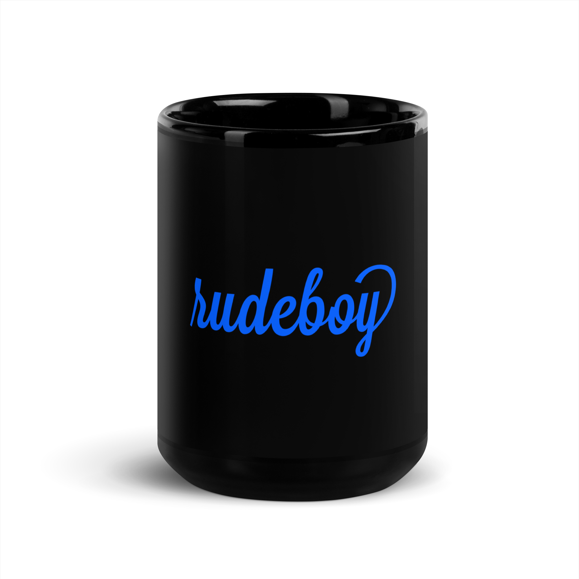 Rudeboy Blue Text Black Glossy Mug
