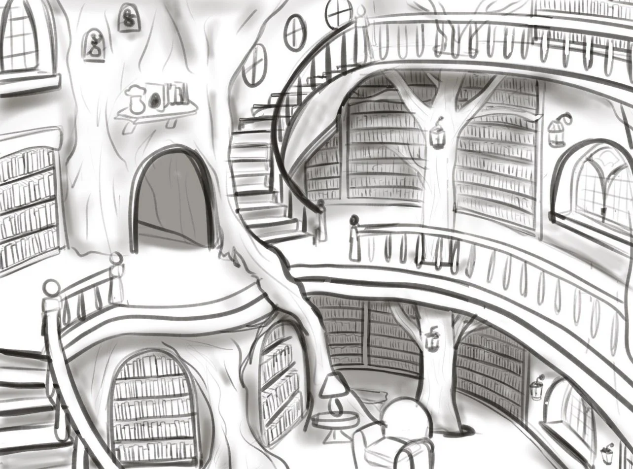 Sketch of a whimsical multi-level library with curved balconies, bookshelves, arched windows, a staircase, and tree trunks integrated into the design.