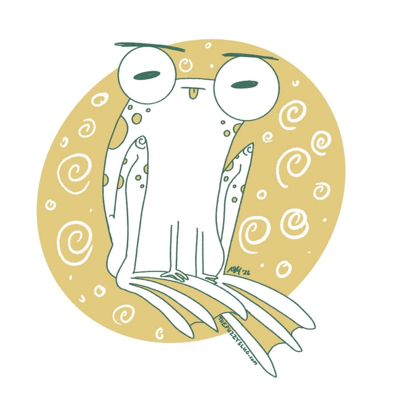 A cute, cartoon-style frog with glasses and sticking out tongue, sitting against a yellow, swirling background.