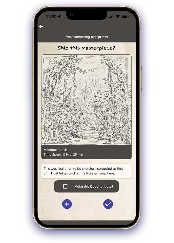 A sketch of a lush forest scene with a pathway, surrounded by trees and dense foliage.