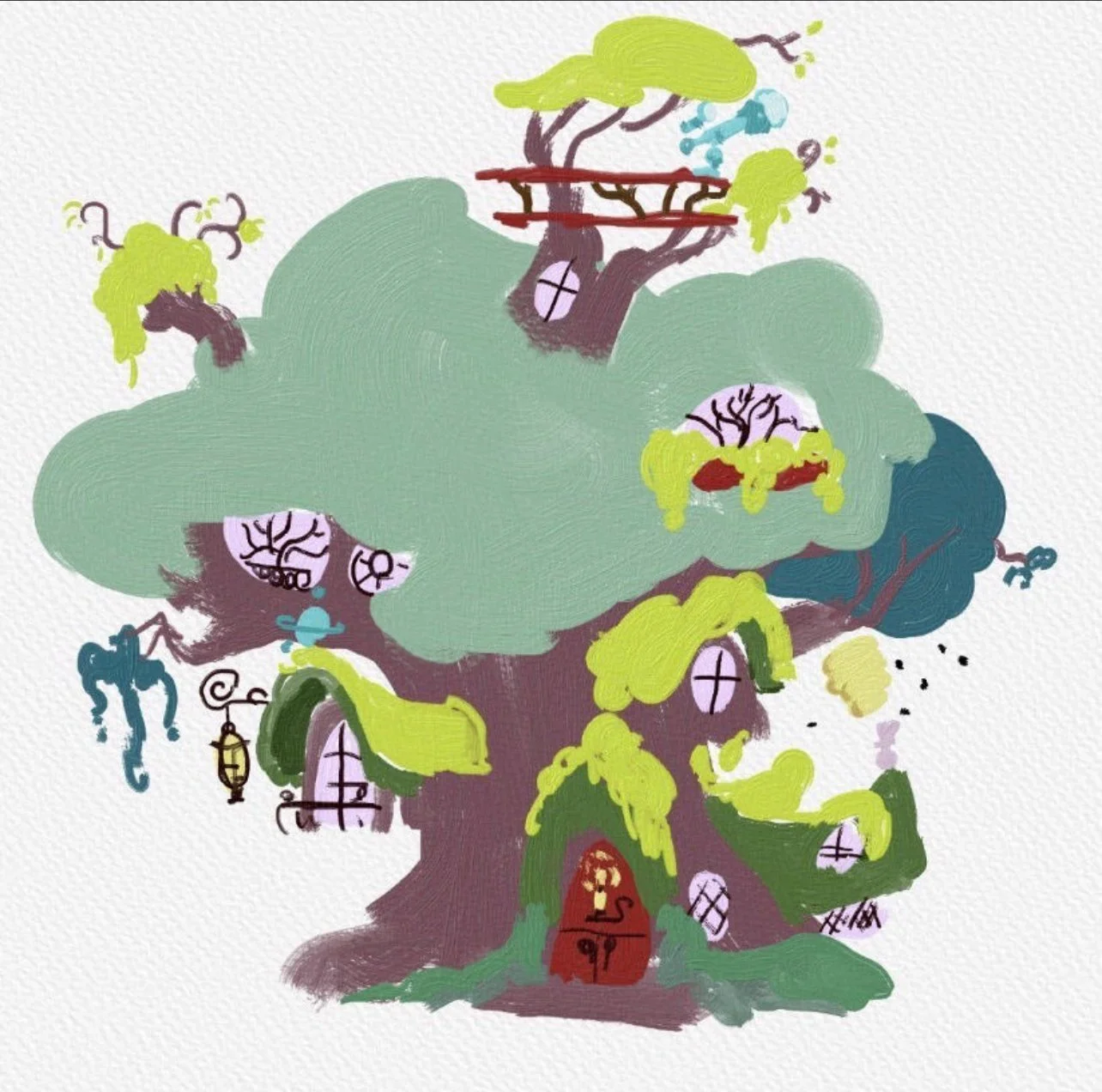 Illustration of a whimsical, fantasy-style treehouse with multiple windows, thatch roofs, and hanging lanterns, surrounded by lush foliage, with a textured white background.