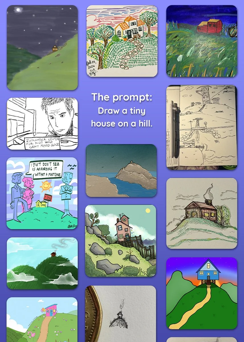Thumbnail collage of various drawings of tiny houses on hills, including a night scene with a house and stars, a colorful landscape with trees and a house, a house with a sunset background, a sketch of a house on a hill, a house on a rocky coastline, a small house with a pathway on a hillside, and other similar tiny houses on hills.