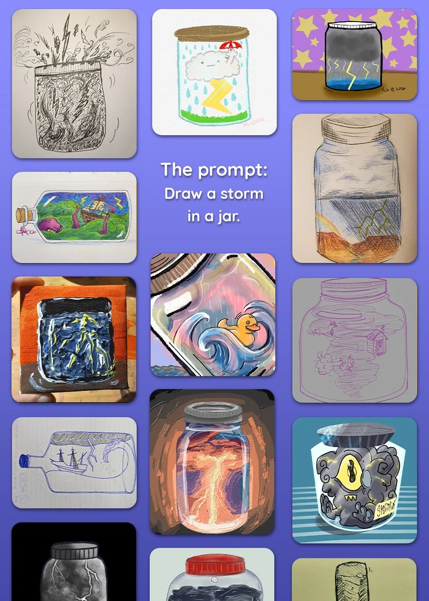 Collection of drawings illustrating storms inside jars, including lightning, rain clouds, wind, and different storm scenes in various jar designs.