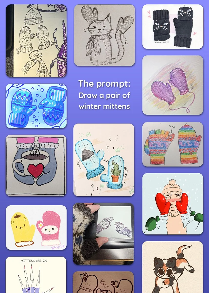 A collage of twelve drawings and photos depicting winter mittens. The images include sketches of mittens, a cat with heart-shaped mittens, cartoon mittens with faces, brightly colored patterned mittens, cozy mittens holding a hot drink, mittens with designs and decorations, cute mitten characters, and actual mittens on a person's hands.