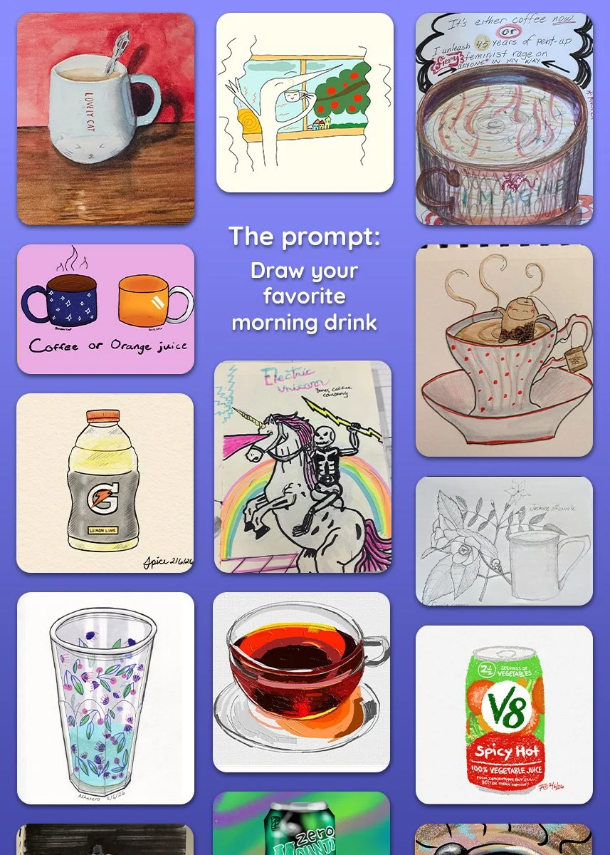 A collage of various drawings of morning drinks, including coffee, tea, orange juice, a energy drink, and a vegetable juice, each depicted in different artistic styles.