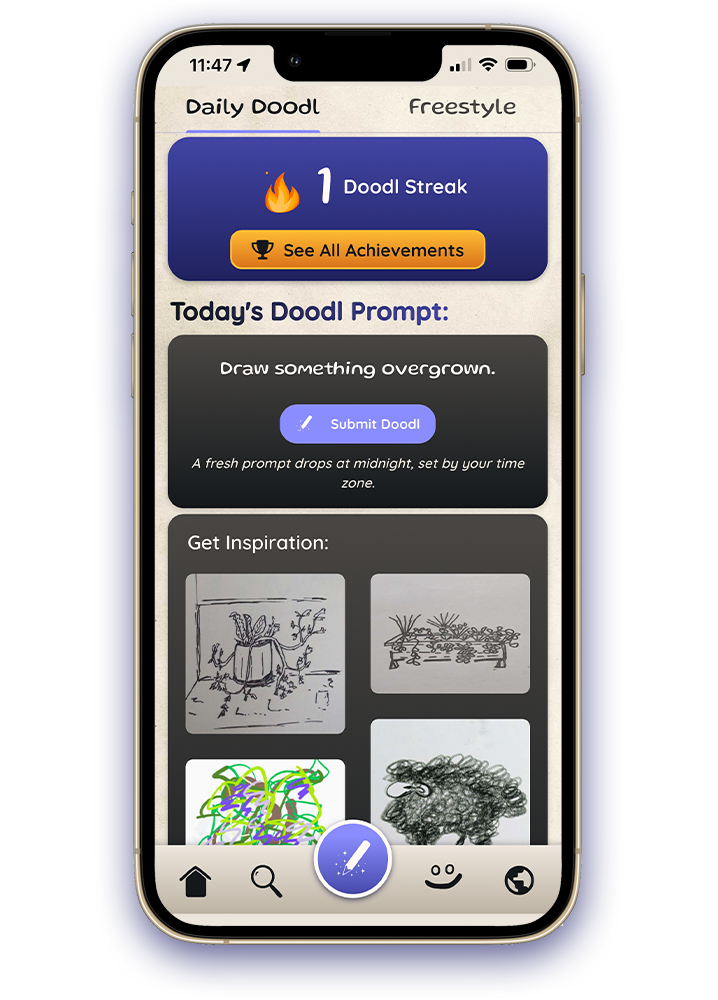 Smartphone screen displaying an app called Daily Doodl, which has a doodle streak, achievements, and prompts for drawing. The current prompt is 'Draw something overgrown,' with inspiration images of plants and abstract sketches.