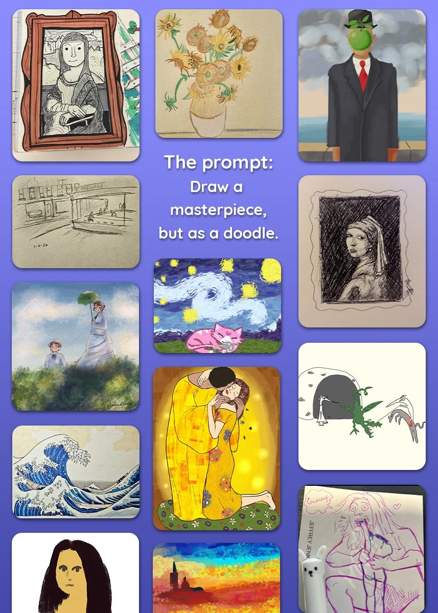 A collage of diverse art styles, including a sketch of Mona Lisa, Vincent Van Gogh's sunflower painting, a surreal portrait with a green face, a cityscape sketch, a woman with a green umbrella, Van Gogh's starry night, a romantic scene of a couple embracing, a wave painting, a dragon and woman in a cave, a woman with long black hair, a sunset landscape, and a doodle of a woman with wild hair.