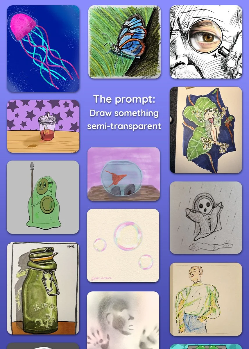 A grid of ten semi-transparent drawings and watercolor paintings, including a jellyfish, a butterfly, a person looking through a magnifying glass, a drink in a cup with a straw, a goldfish in a fishbowl, a hanging leaf with a person under it, a ghostly figure of a woman, bubbles, a vintage glass jar, a person standing with hands in pockets, and a person with curly hair in a sketch style.