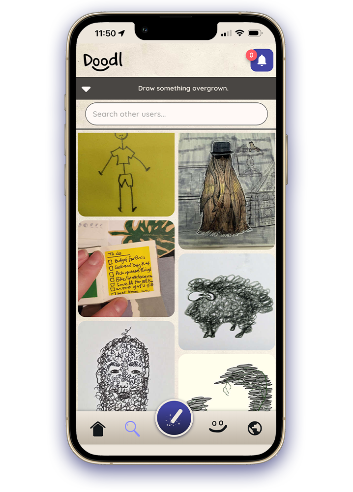 Smartphone screen displaying a drawing app called 'Doodl' with various sketches, including a stick figure, a character with long hair and a hat, a small animal made of scribbles, and a person's face made with curly lines.