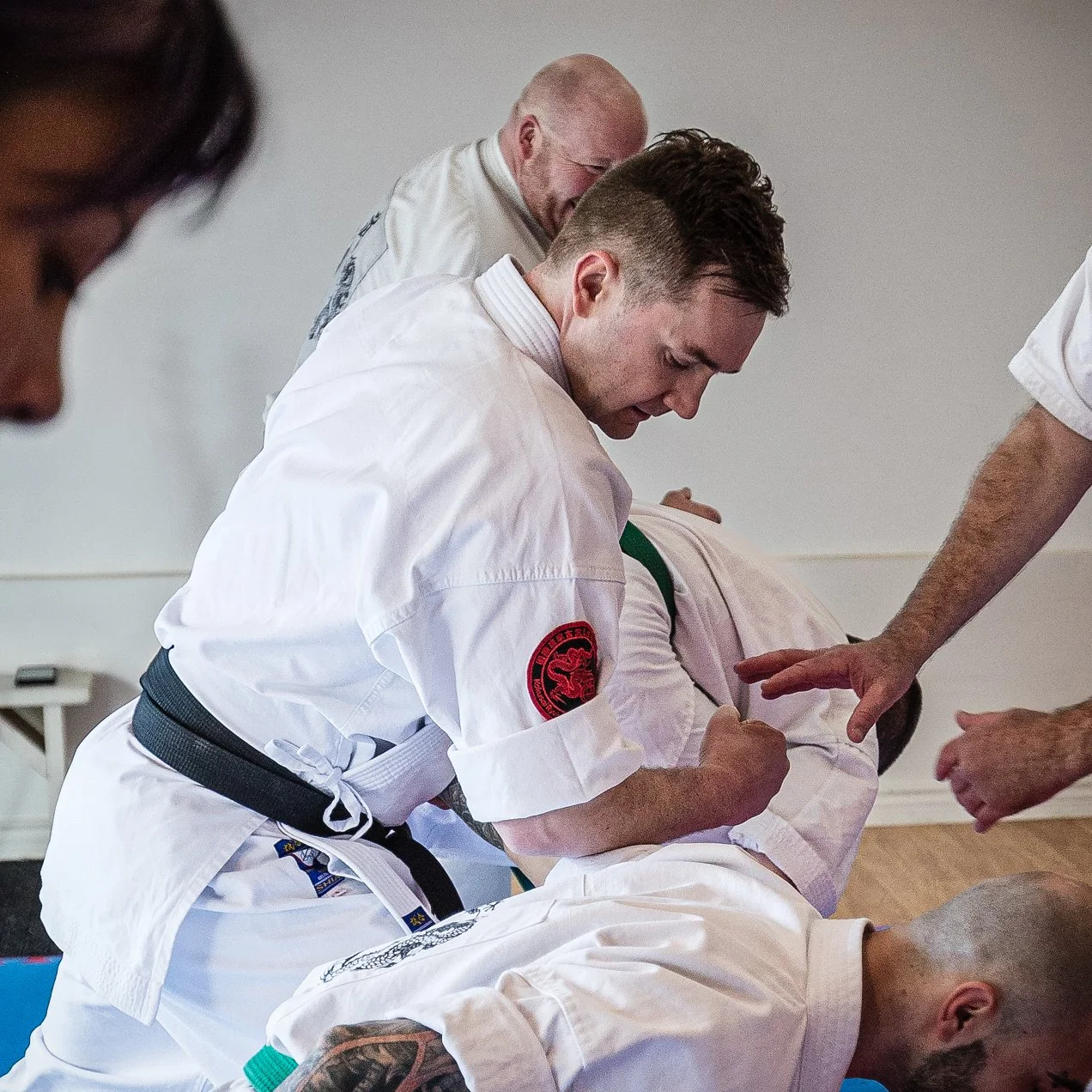 Martial artists practicing self-defense in a dojo, wearing gi uniforms, some with colored belts, and performing techniques.