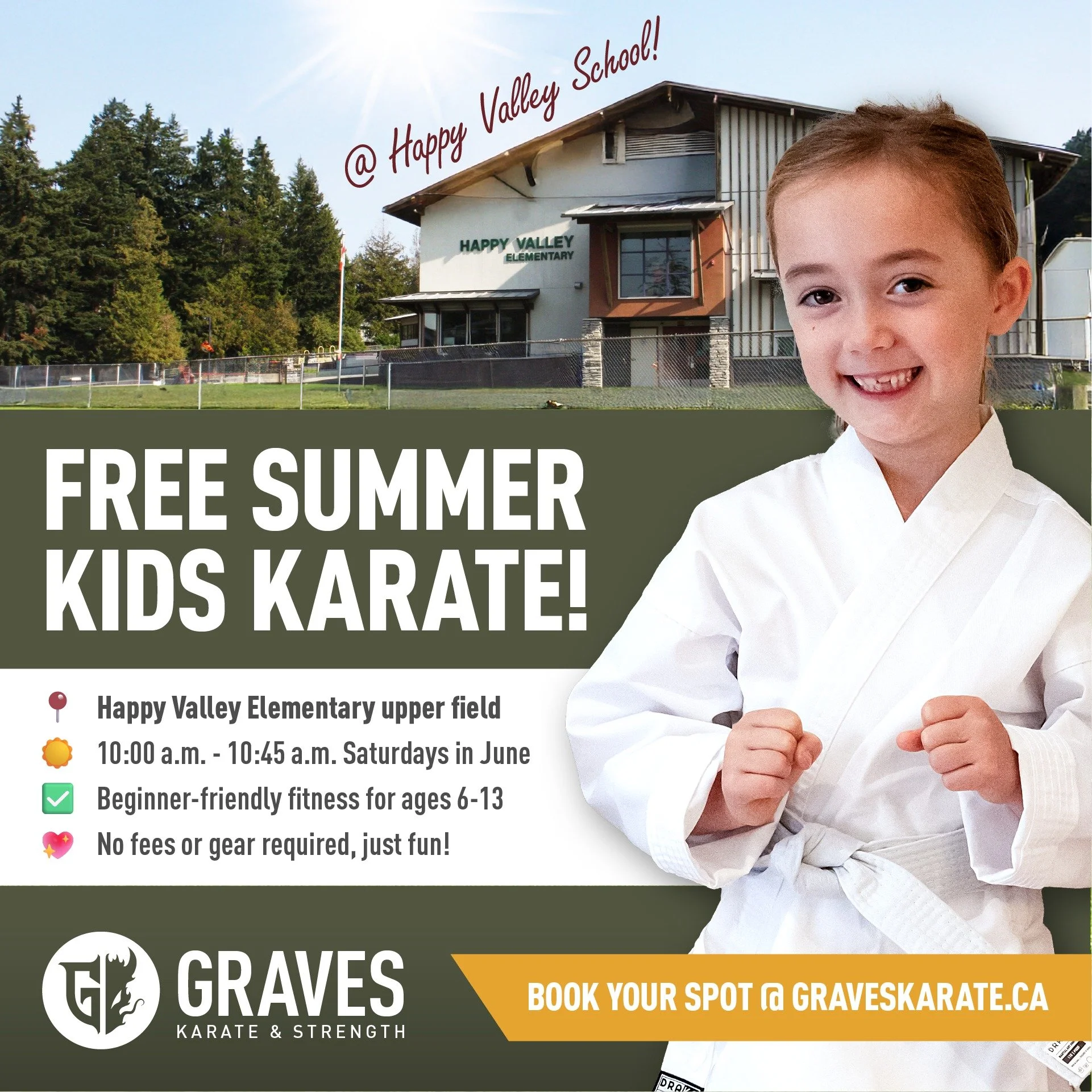 This summer, we are running FREE outdoor karate classes for kids in the community! Join us for fun fitness on the upper field at Happy Valley Elementary Saturdays in June.

☀️ 10:00 a.m. - 10:45 a.m. Saturdays in June, starting June 6, 2026
✅ Beginne