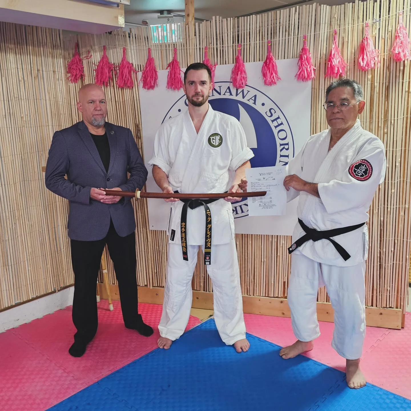 Tonight I showed up to a regular kobudo (Okinawan weapons) and jujitsu class with Kikukawa Hanshi and was surprised with a promotion test. I have been working hard on polishing up my weapons kata for a while now and was fortunate to pass and achieve 
