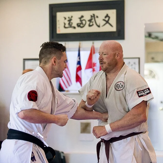 Two karate fighters in a bare-knuckle match.
