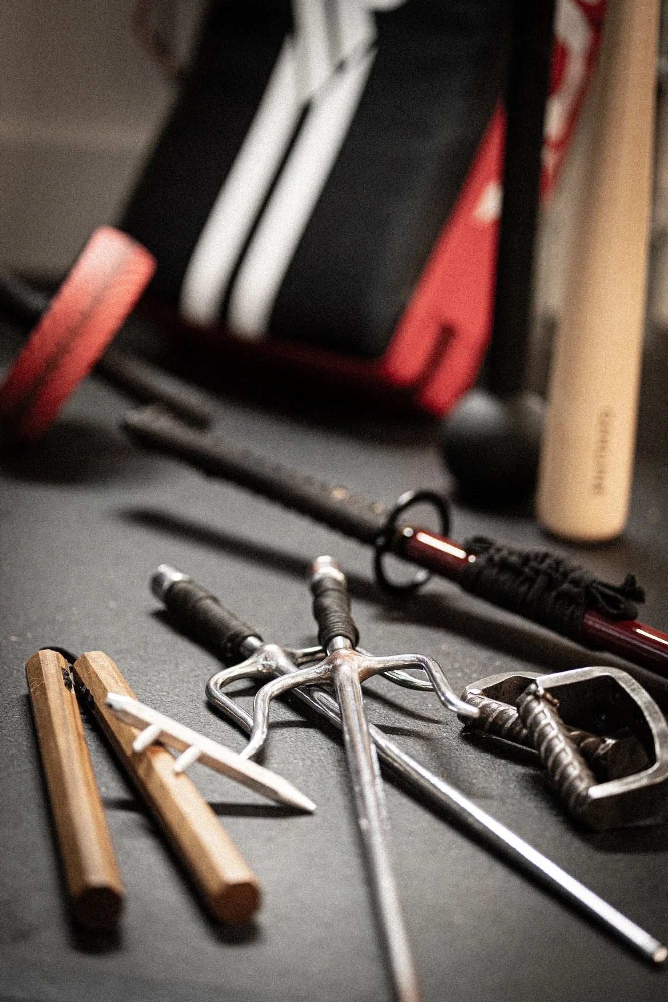 A collection of traditional karate weapons.
