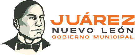 Logotipo con una ilustración en gris de un hombre con corbata y texto en naranja y negro que dice 'Juarez Nuevo León, Gobierno Municipal'.
