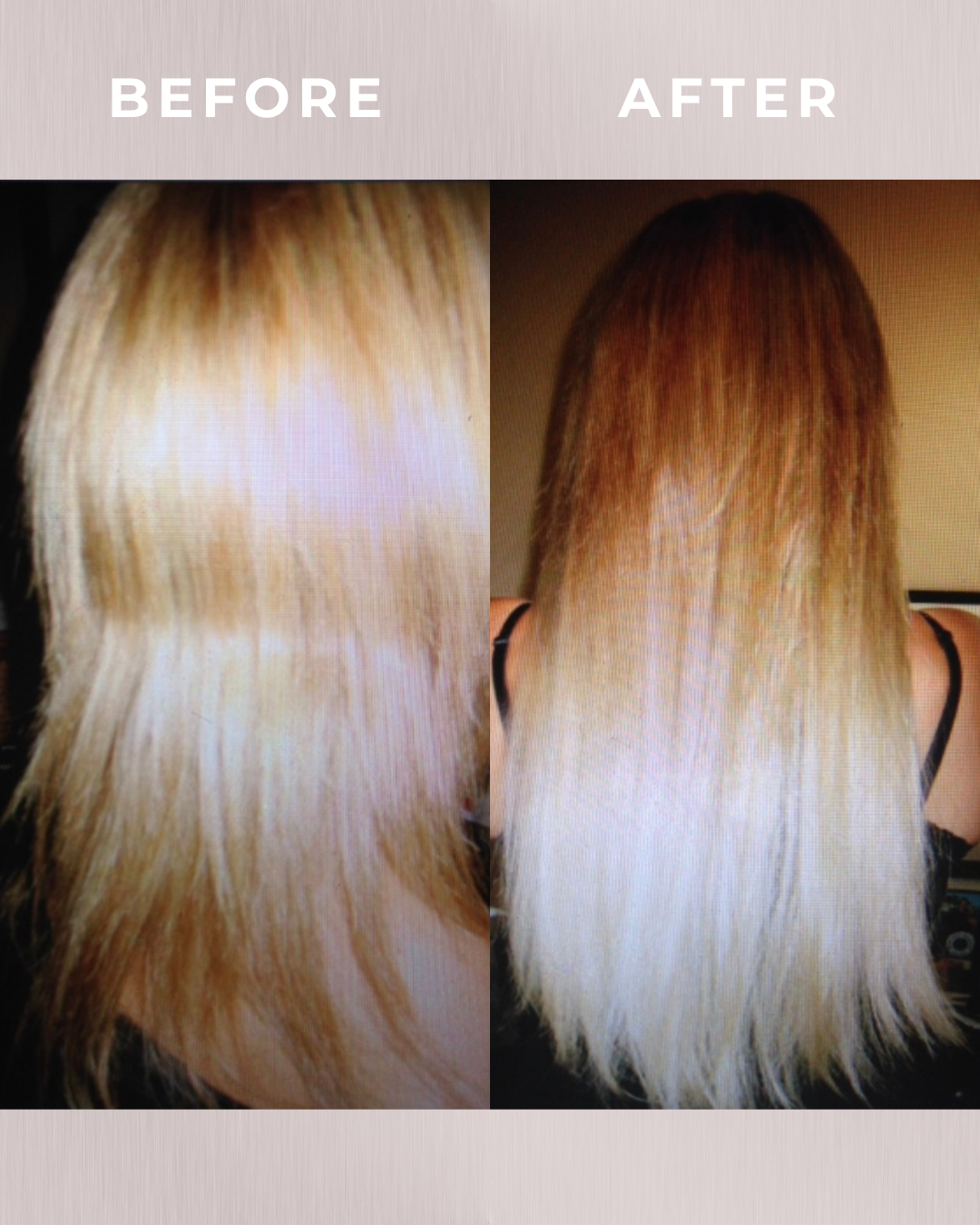Comparison of hair before and after a coloring treatment; the hair on the left is blond with darker roots, and the hair on the right is a more uniform reddish-blonde shade.