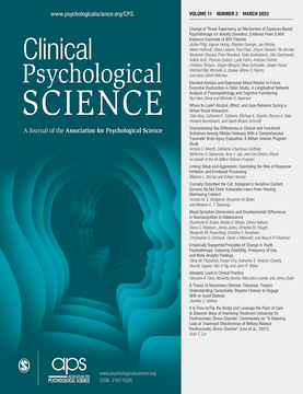 Cover of Clinical Psychological Science journal, Volume 11, Number 2, March 2023, featuring a teal graphic design with a human profile silhouette and numbered list of article titles on the right.