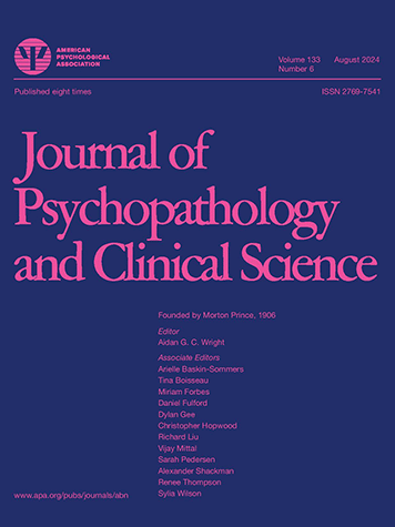 Cover of Journal of Psychopathology and Clinical Science, August 2024 issue, volume 133, number 6, published by the American Psychological Association, featuring a purple and pink design with the journal title prominently displayed.