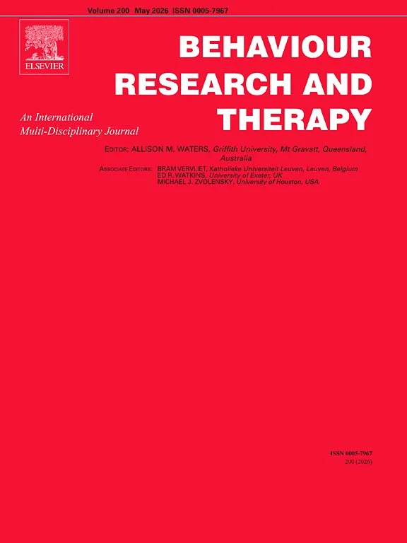 Red cover of a journal titled 'Behaviour Research and Therapy'; includes publisher Elsevier logo, issue details, editors, associate editors, and ISSN information.