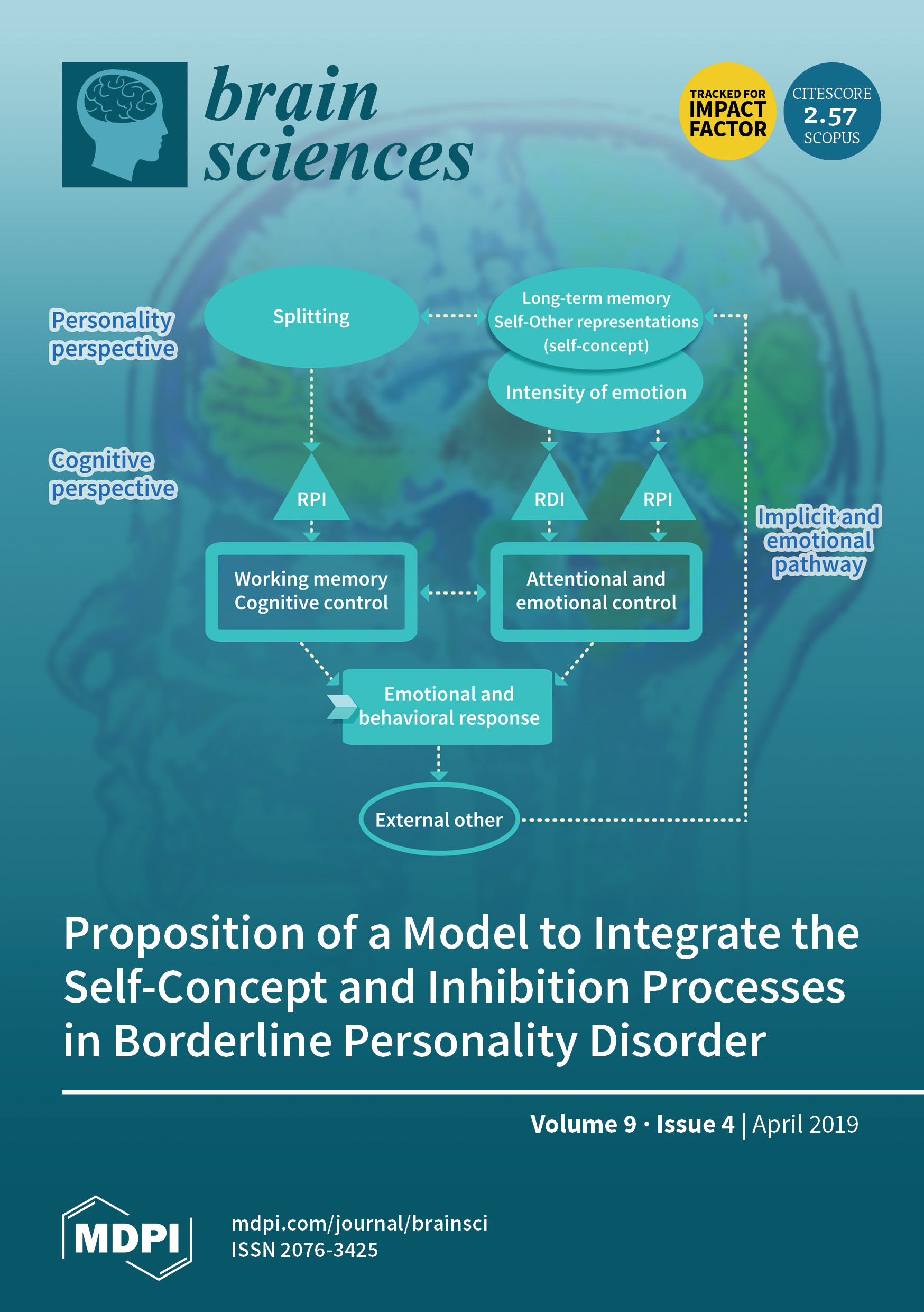 Cover page of a scientific journal titled 'brain sciences,' Volume 9, Issue 4, April 2019, published by MDPI. The cover features a background image of a brain illustration with a map of the world. An article headline discusses a model to integrate the self-concept and inhibition processes in borderline personality disorder.