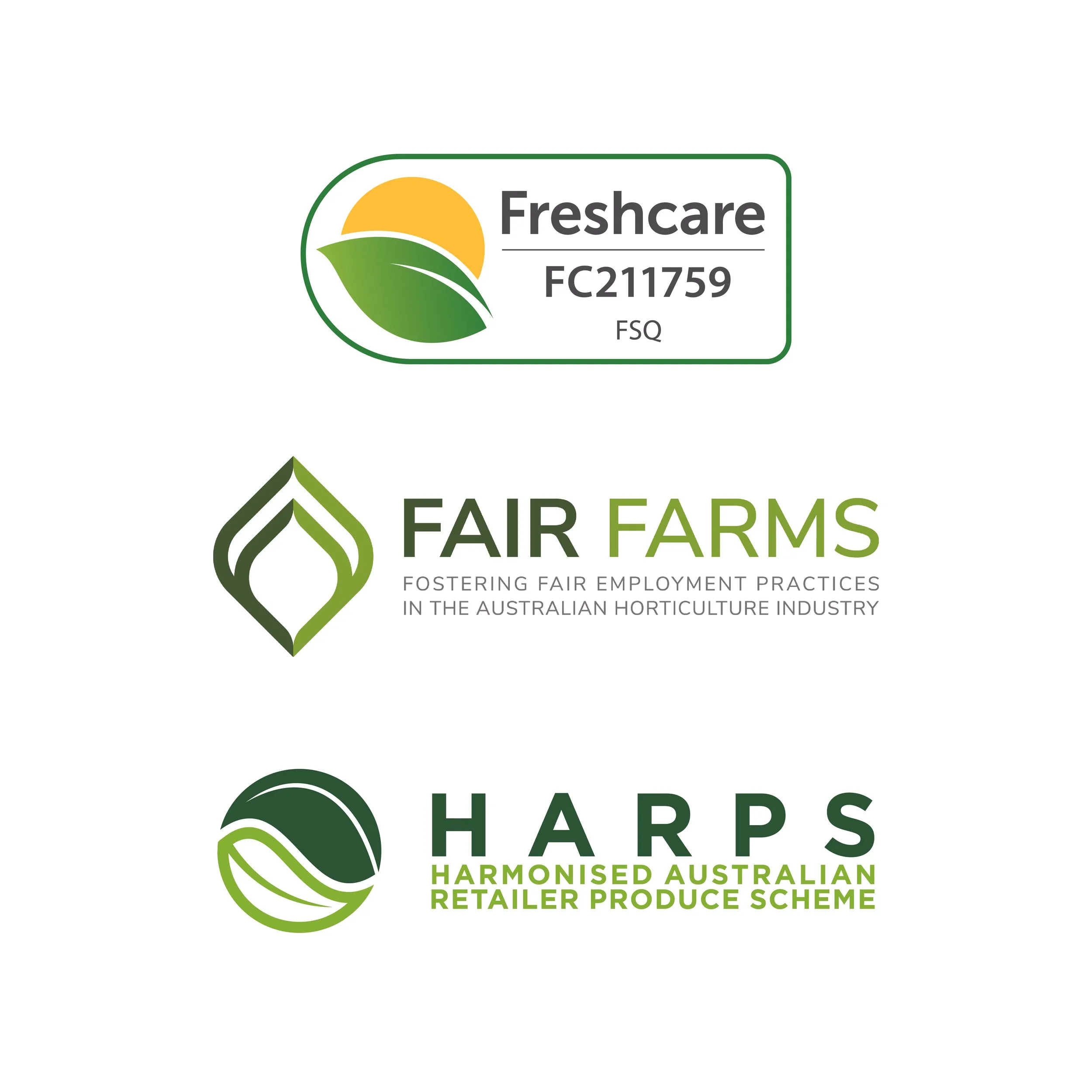 Logos of three Australian agricultural certification schemes: Freshcare, Fair Farms, and Harps, featuring leaves and nature-inspired designs.