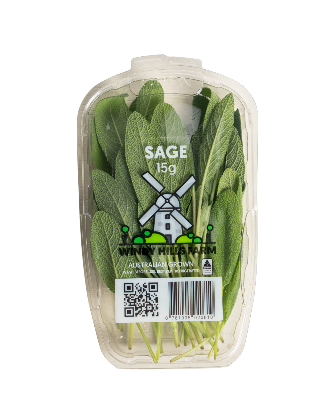 Clear plastic container of fresh sage leaves with a label indicating they are Australian grown, 15 grams, from Windy Hills Farm, featuring a windmill logo, a QR code, and a barcode.