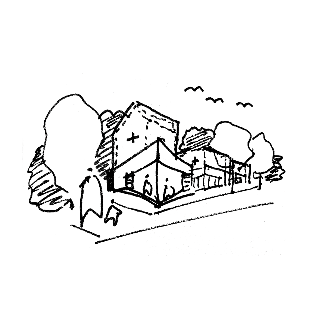 A series of black and white sketches of different architecture, design, art and illustration concepts.