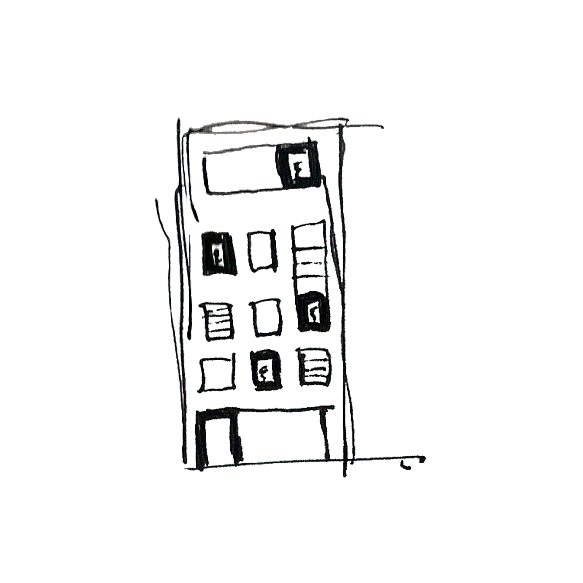 A series of black and white sketches of different architecture, design, art and illustration concepts.
