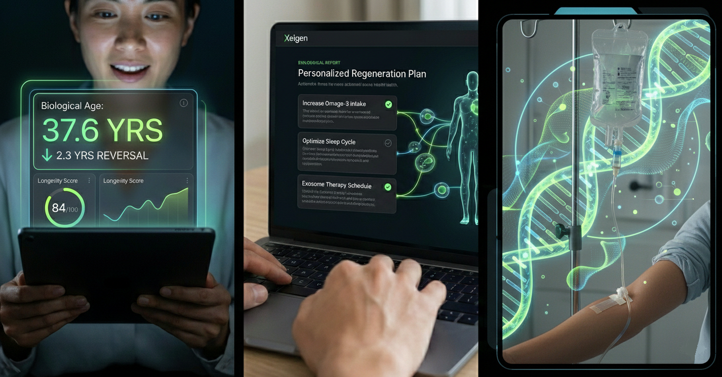 A young person using a tablet with a digital display showing biological age and health data, a second person working on a laptop with a health report, and medical hologram images of DNA and a patient’s arm being treated with IV therapy.