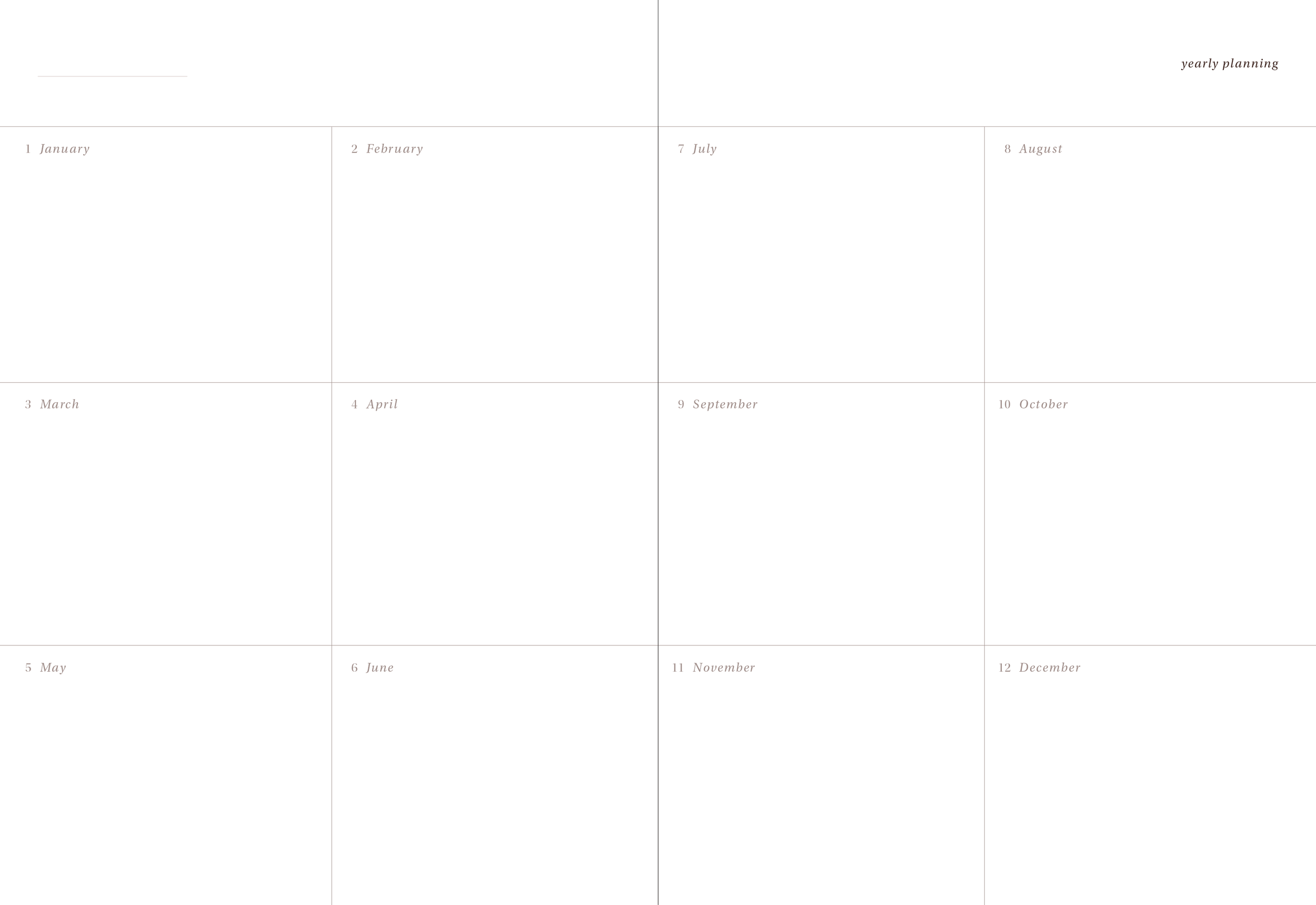 A yearly planner with months listed from January to December, organized in a 3x4 grid, with the word 'yearly planning' at the top right corner.