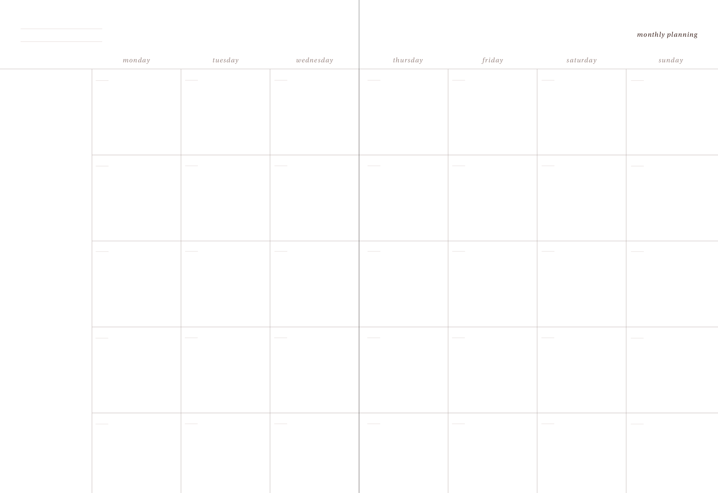 A blank monthly planner with days of the week labeled from Monday to Sunday and space for each day's plans, with 'monthly planning' written at the top right.