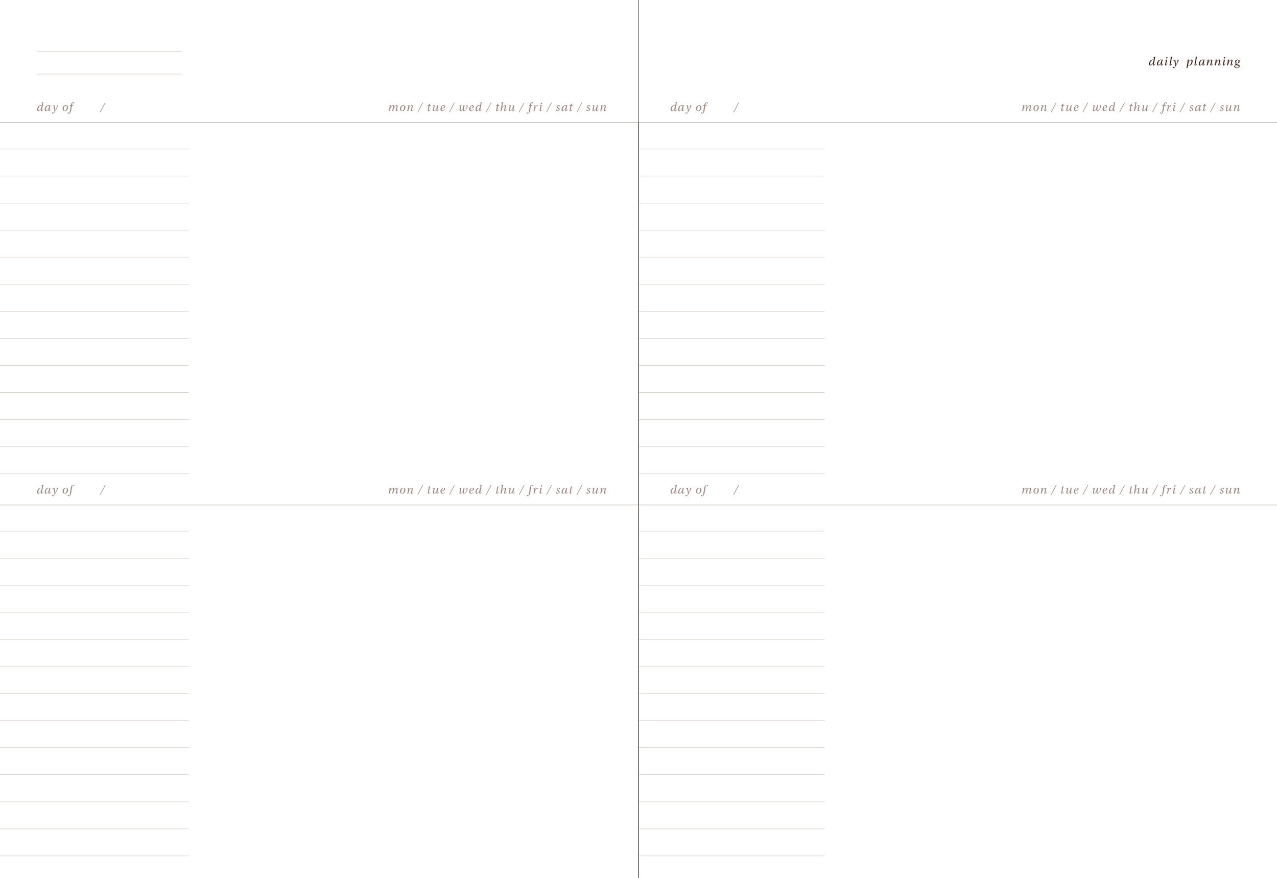 A blank weekly planner with sections for each day of the week, labeled "day of /" and abbreviated day names, with handwritten style text and light, minimalistic design.