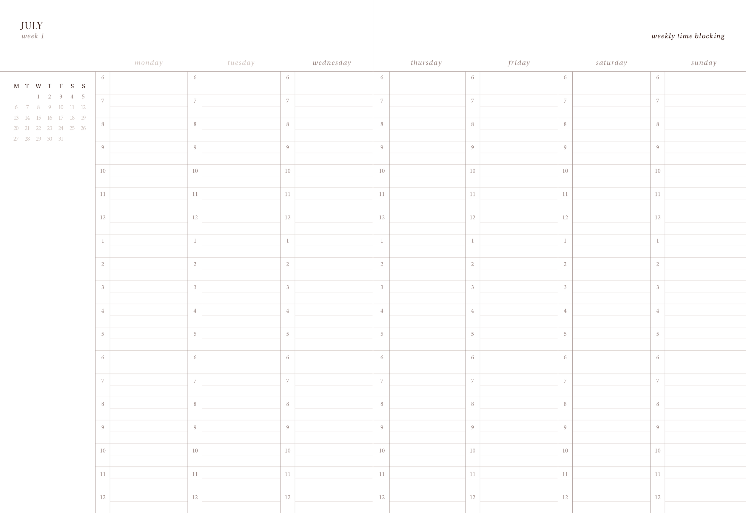 A weekly planner or calendar with days of the week from Monday to Sunday, organized by time slots, and a small mini calendar for July in the top left corner.
