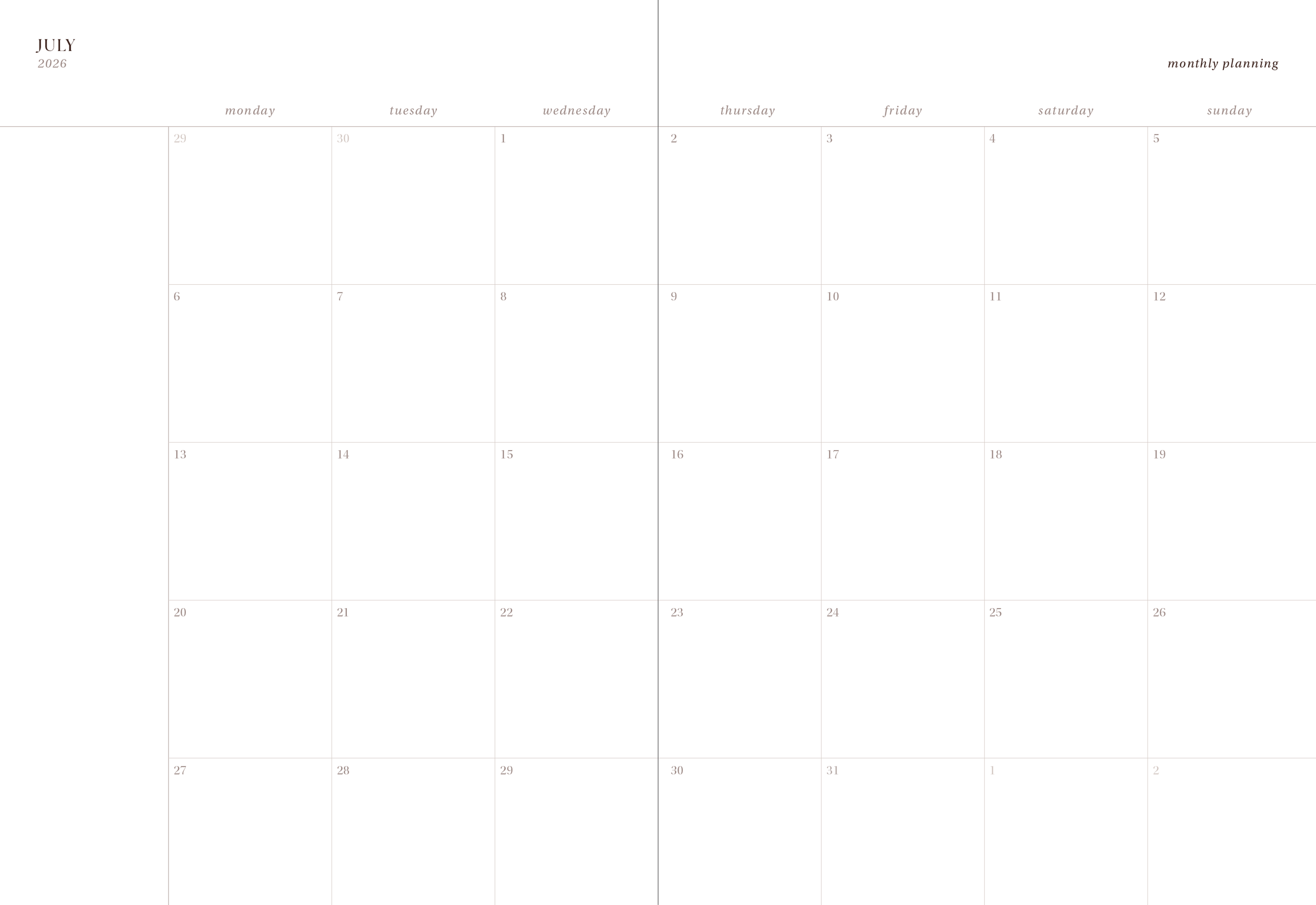A 2026 calendar for July 2026 with a monthly planning layout. The days of the week are listed from Monday to Sunday, and the dates are arranged in a grid format.