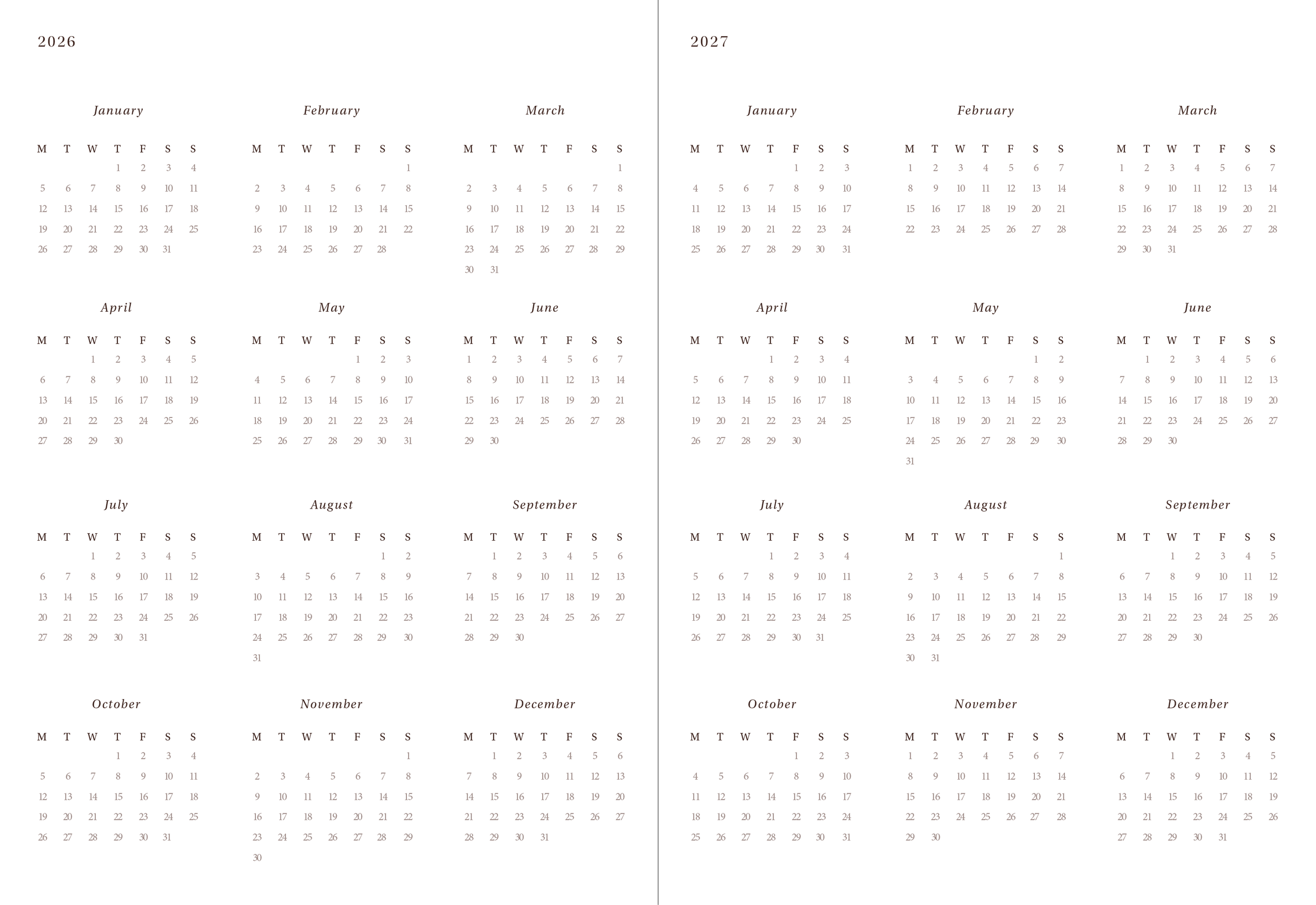 Comparison of the 2026 and 2027 calendar years with months and days listed for January through December.