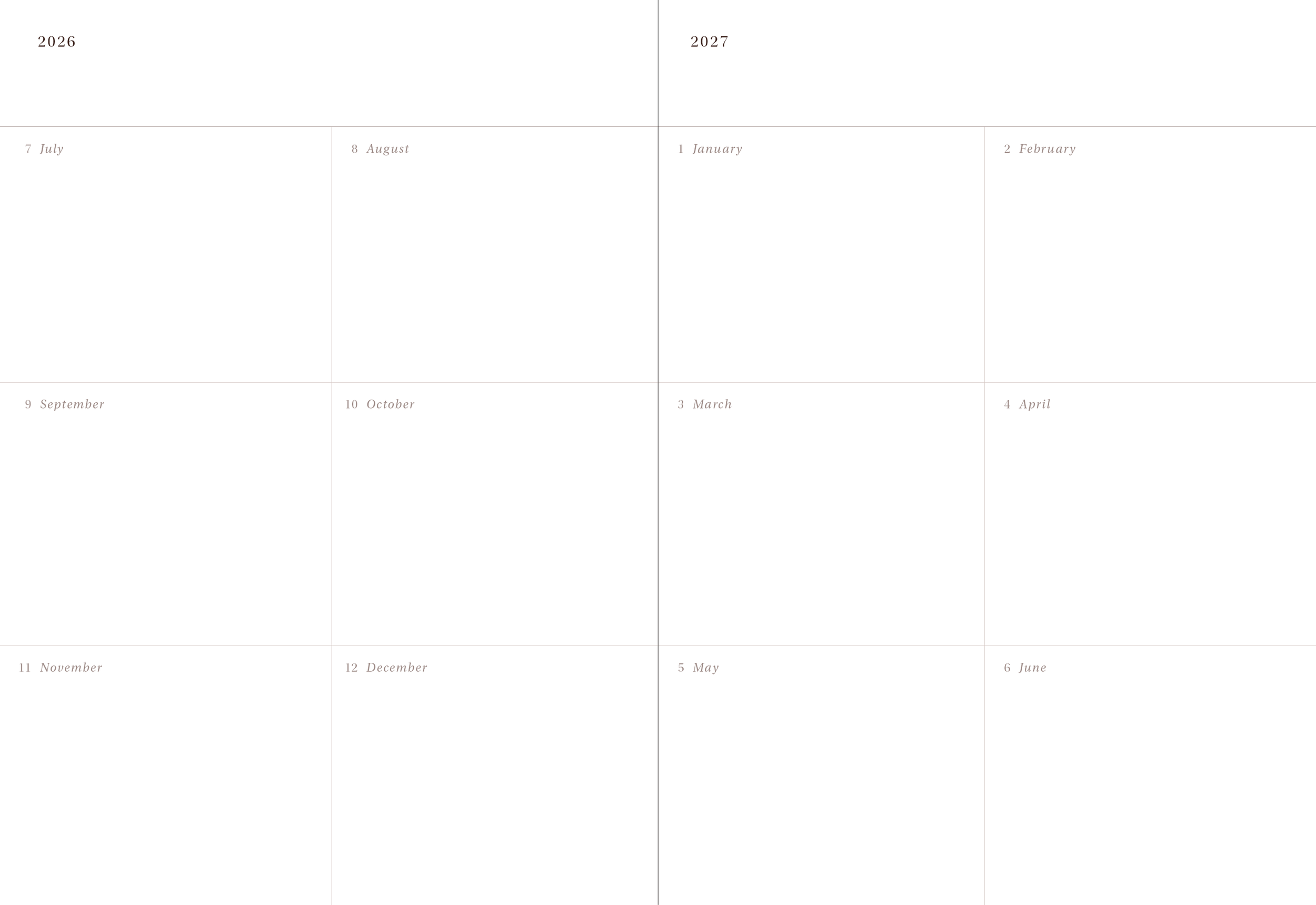 A yearly calendar with months and dates, spanning from July 2026 to June 2027, with faint text and grid lines for each month.