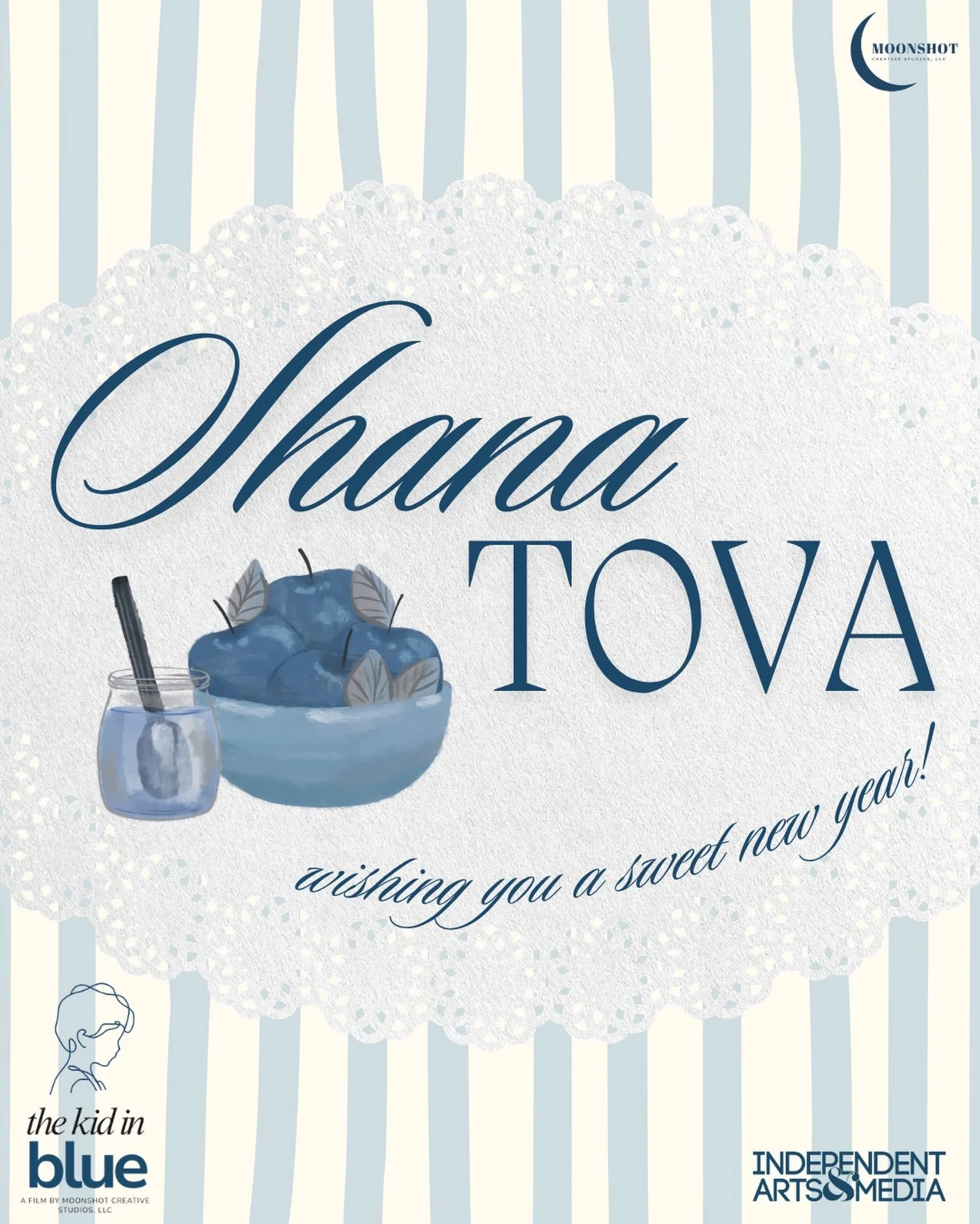 Wishing you a sweet new year! 💙🍎

#roshhashana #jewish #jewishfilm #newyear #applesandhoney

-

-

-

Image description: A blue-and-cream striped graphic with a large white lace doily in the center. The words &ldquo;Shana Tova&rdquo; appear in larg