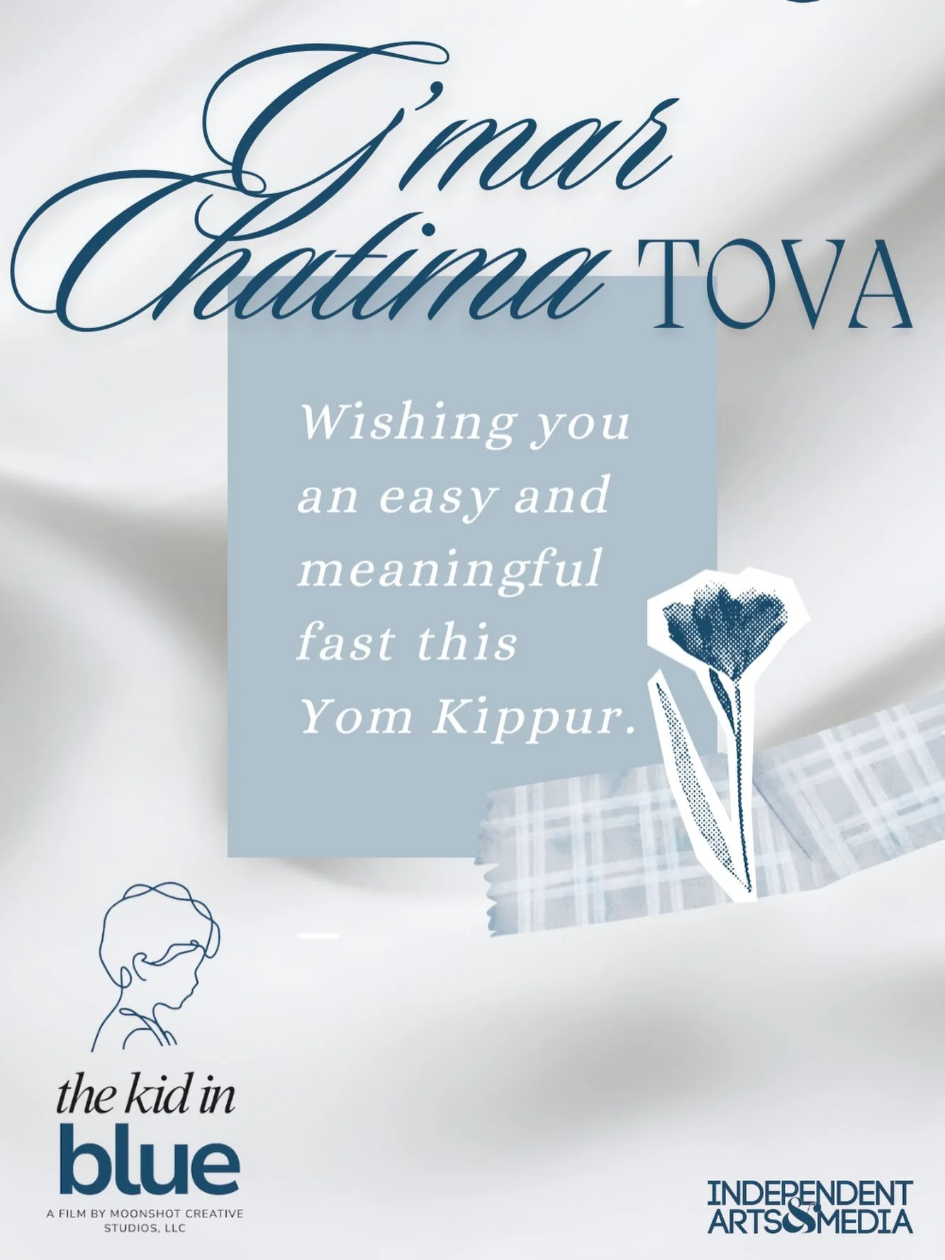 Wishing you an easy and meaningful fast this Yom Kippur.

-

-

-

Image Description:
A graphic with a soft white and light gray background and muted blue accents. Large, elegant navy script across the upper half reads &ldquo;G&rsquo;mar Chatima Tova