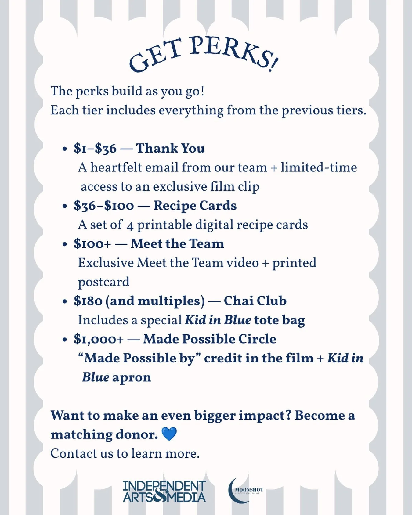 We&rsquo;re LIVE! 💙🎥

Our Kid in Blue crowdfunding campaign officially launched today!

We&rsquo;re raising $8,000 to support our upcoming NYC shoot and help bring more Jewish stories to the screen.

Perks are officially here. ✨
The perks build as 