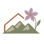 Illustration of a mountain with a purple flower in front.