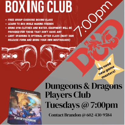 Flyer for Dungeons & Dragons Players Club at 7:00 pm on Tuesdays with contact Asher at 520-339-5121. The flyer has a red and gray background, a Dungeons & Dragons logo, an image of a D&D player's handbook, and white stylized text reading 'Woolley Board' with a volleyball on top of the letter ''.