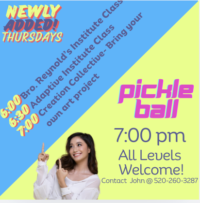 A colorful flyer announcing new pickleball classes on Thursdays at 5:00 and 6:00 pm, with details about location, time, and contact information, featuring a smiling woman pointing upward.