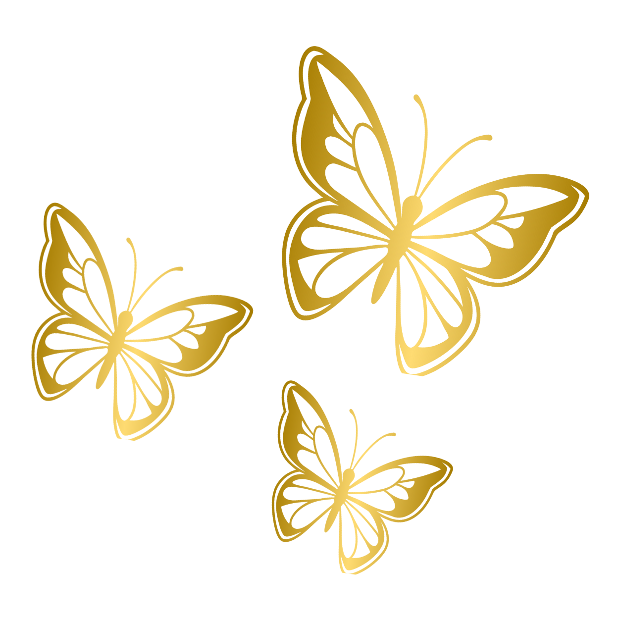 Illustration of three glowing gold butterflies and two glowing gold gift boxes, all against a transparent background.