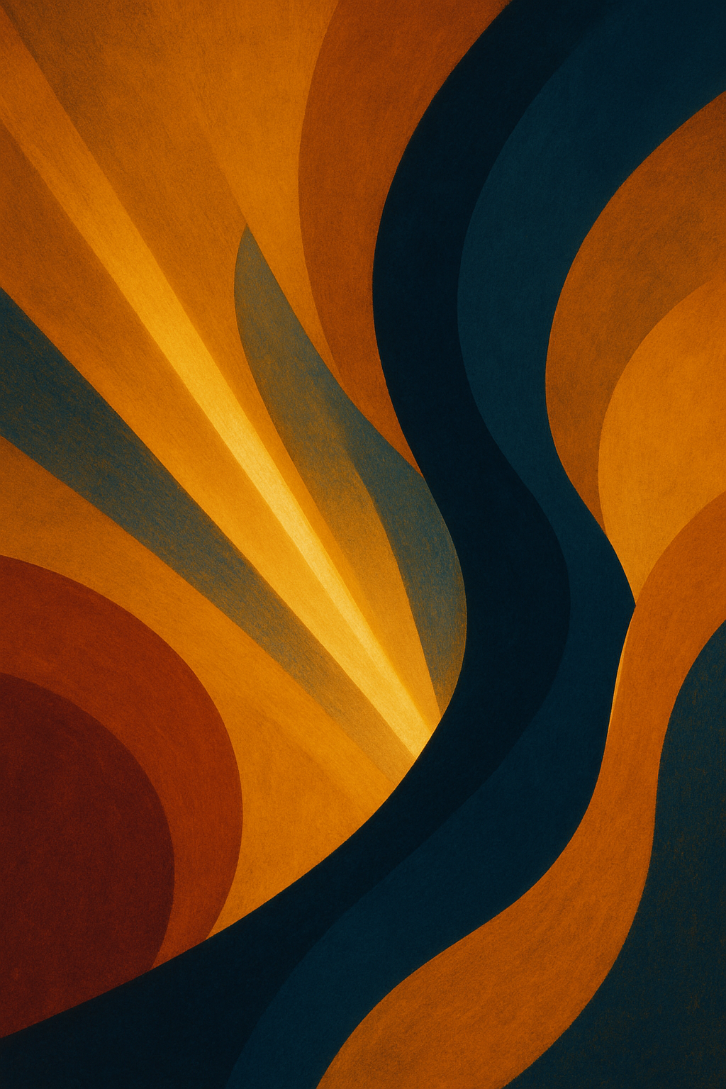 Une œuvre d'art abstraite avec des formes ondulées et des couleurs chaudes comme l'orange, le jaune et le brun, avec des bandes verticales de bleu foncé.