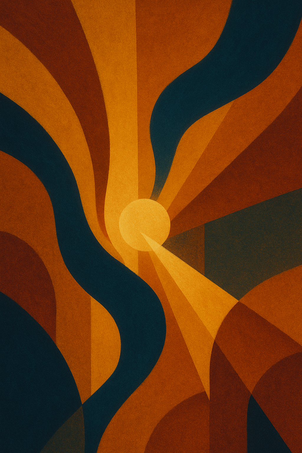 Une œuvre d'art abstraite avec des formes géométriques en tons marron, orange et bleu, représentant probablement un soleil ou une lumière centrale.