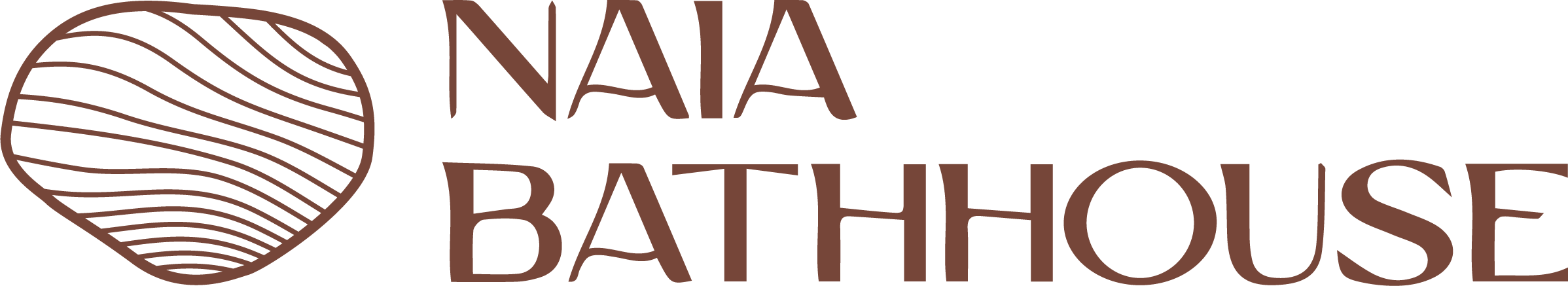 Logo for NAIA Bathhouse featuring a stylized wave inside a circle and the text 'NAIA BATHHOUSE' in brown.