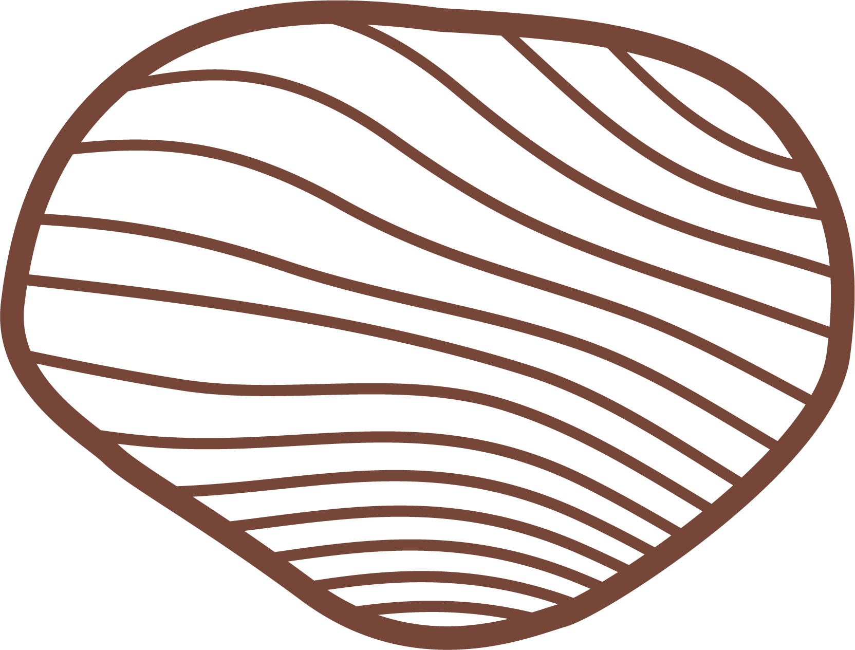 Outline drawing of a ball of yarn with a simple curved line pattern.