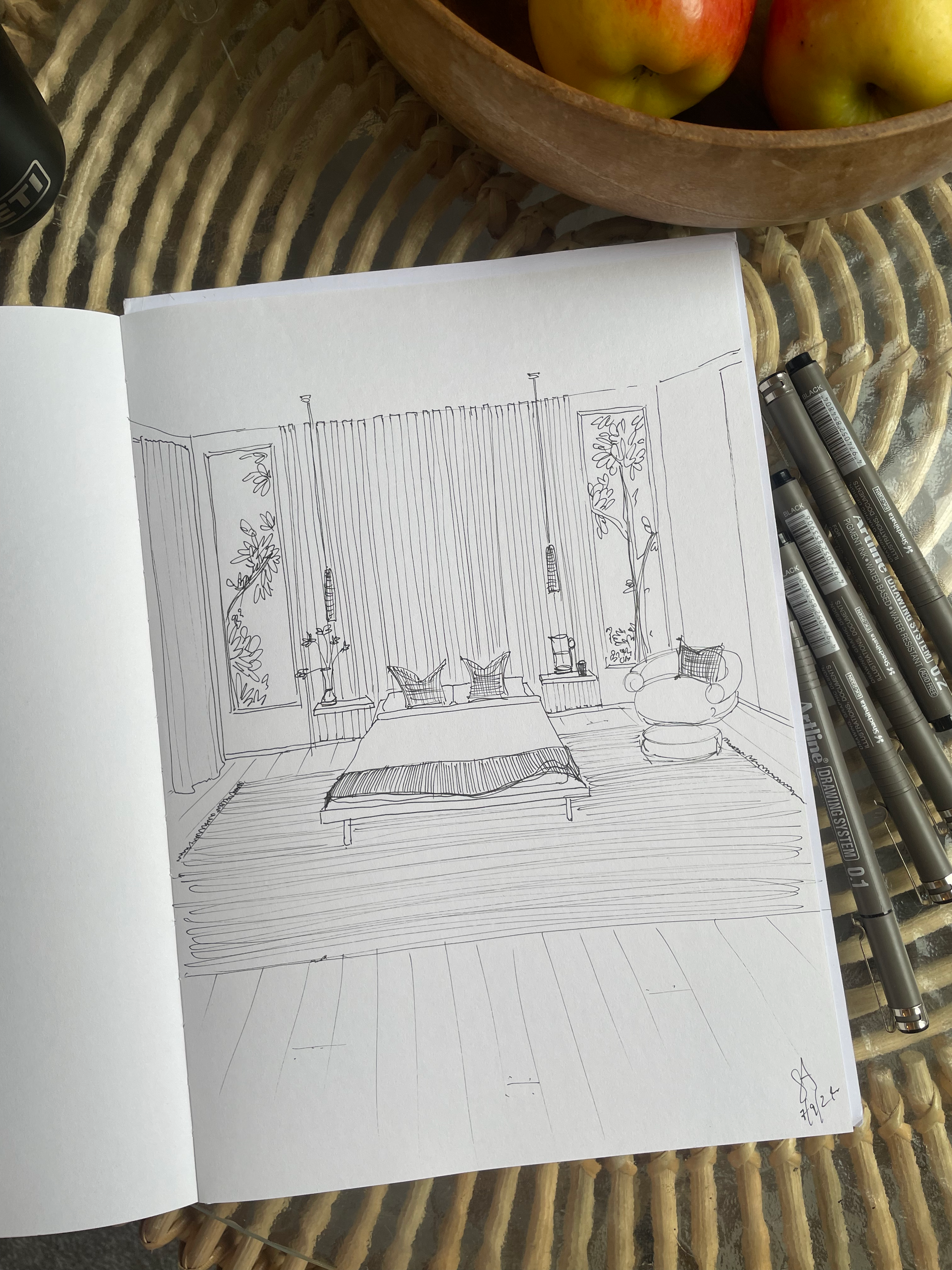 Line drawing of a bedroom with a bed, nightstands, lamps, a plant, a decorative wall, and an armchair with a pillow.