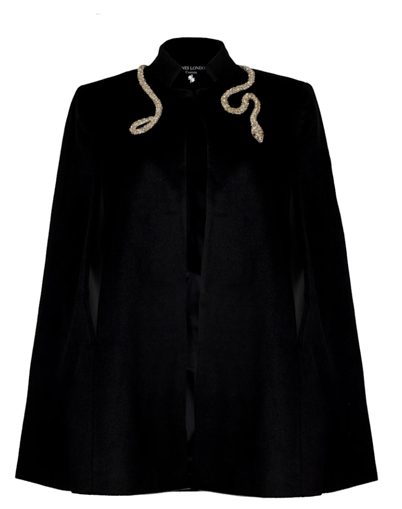 Laines Couture Tailored Cape With Embellished Crystal &amp; Pearl Wrap Around Snake (via Wolf &amp; Badger)