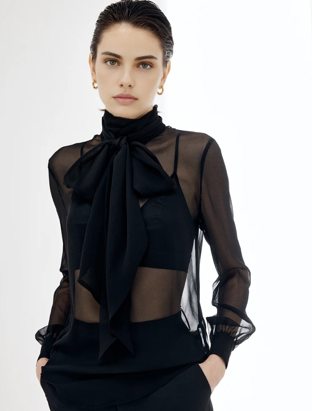 Commense Sheer Bow Chiffon Blouse